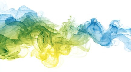 Abstract swirling smoke, vibrant greens, blues, and yellows against white background