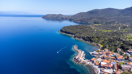 The little church of Panagia gorgona situated on a rock in Skala Sykamias, a picturesque seaside...