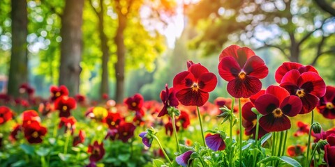Fototapeta premium Vibrant Crimson Pansies Blooming in a Sunlit Garden, a Peaceful and Serene Natural Landscape Featuring Lush Greenery and a Delicate Floral Display