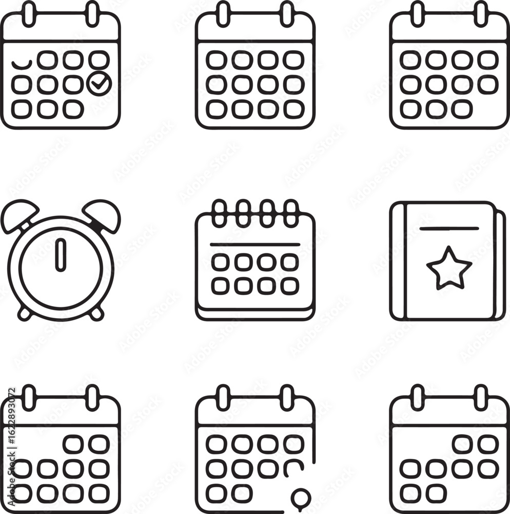 Poster set of line icons related to time management planning schedule appointment events and reminders incl