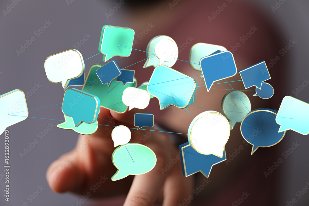 Poster abstract image of interconnected speech bubbles, symbolizing global communication and networking.