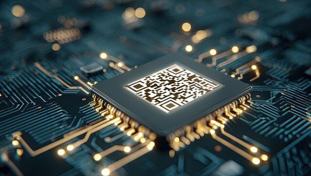 QR code embedded in a computer circuit board, illuminated - Powered by Adobe
