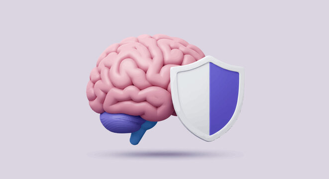 Pink 3D brain model protected by a shield, symbolizing brain health and safety.