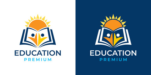People Book Sun Logo Vector Illustration Symbol Design Template. Abstract Creative Book and Sun Logo Vector. Vector Logo of Open Book Education.