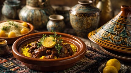 A vibrant tagine dish with lemon and herbs surrounded by pottery and traditional textiles on a table