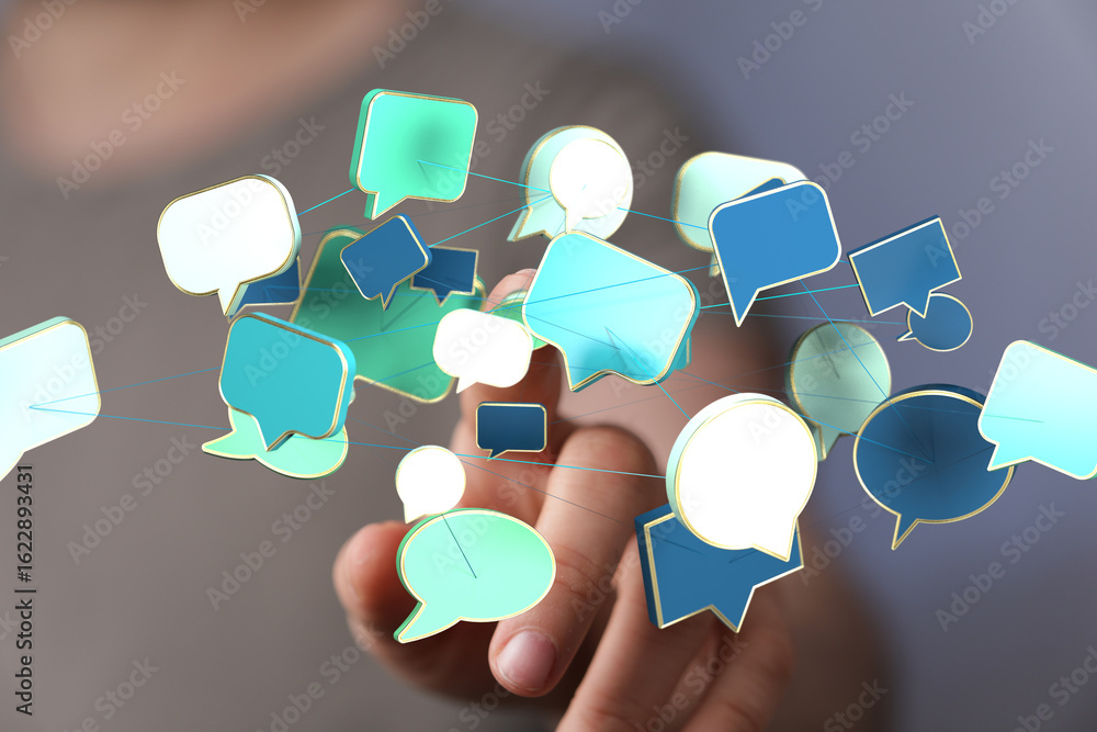 Poster abstract image of interconnected speech bubbles, symbolizing global communication and networking.