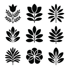A bundle of 9 floral pattern silhouette designs, black fill only, with petal and leaf-based symmetry.