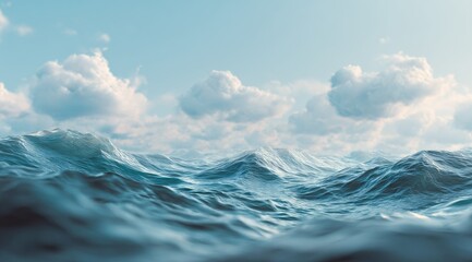 Vast ocean waves under a bright sky with fluffy clouds