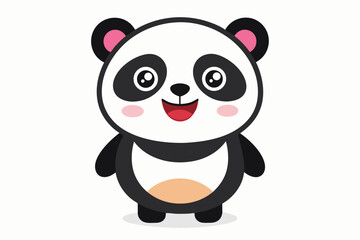 Adorable cartoon illustration of a standing panda with big round eyes, blushing cheeks, and a happy smile, set against a soft pastel background.