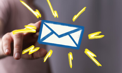 Person interacting with an email icon graphic.  Modern, bright and engaging.
