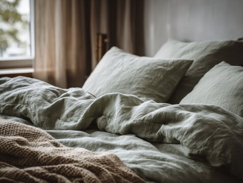 Sage green organic linen bedding on styled bed with woven throw blanket, cozy and inviting lifestyle scene for sustainable home decor, natural light ambiance