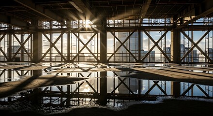 Sunlight streams into an unfinished building, reflecting the city skyline on the wet floor.