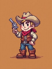 This pixel art showcases a charismatic cowboy character equipped with a revolver. Dressed in classic western attire, he stands confidently with a cheerful expression against a warm background.