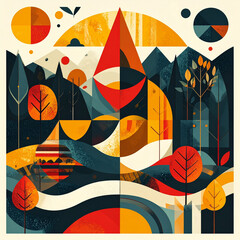 the illustration presents a stylized landscape in a geometric abstraction. various trees dot the scene, with a few displaying red leaves