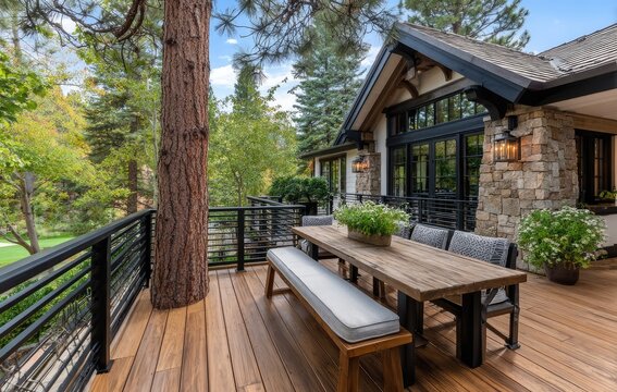The deck of the home features black metal railings and a table, overlooking pine trees and a golf course