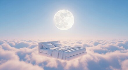 Dreamlike Bed Floating in Sky with Full Moon Over Clouds at Night