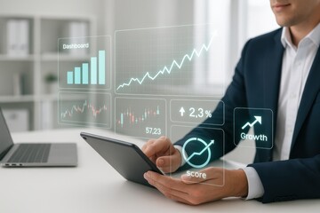 Businessman using tablet with interactive dashboard showing financial growth, analytics, and investment metrics
