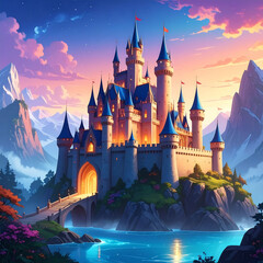 the focal point is a majestic castle, positioned atop a rocky foundation and accessed by a stone bridge over shimmering water