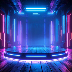 the image features a stage set in a room with a futuristic and abstract style, adorned with blue and pink illuminations