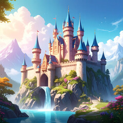 the scene features a large fantasy style structure with many spires and towers, dominating the landscape