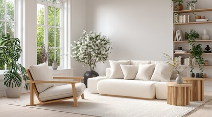 Fototapeta premium Light-filled, modern living room with cream-colored furniture and wooden accents. Large windows showcase greenery outside, enhancing the bright and airy feel