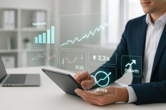 Businessman using tablet with interactive dashboard showing financial growth, analytics, and investment metrics
