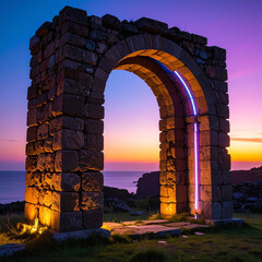 a stone archway stands prominently on a grassy hilltop, framing a distant ocean horizon at sunset