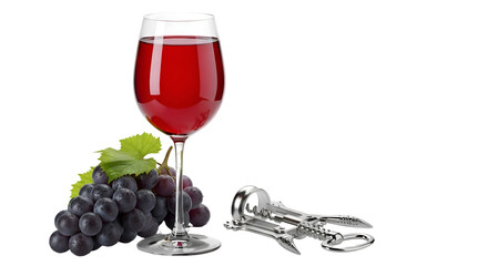 Realistic Still Life Showcases Wine Glass, Grapes, and Corkscrew on Transparent Background