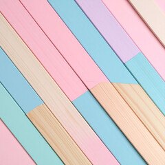 the image displays a pattern of parallel wooden planks. each plank alternates between painted pastel shades and natural wood tones