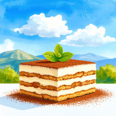 the image depicts a square shaped layered dessert topped with a light dusting of powder and three leaves. the dessert sits on a bright surface with some powder scattered around it