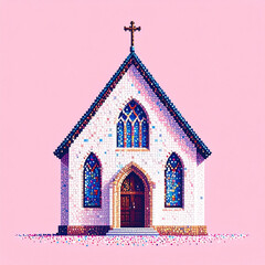 the image features a small, church like structure centered against a pink background. the building's facade is constructed of small, white blocks with dark blue edging along the roofline