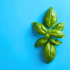 a sprig of lush, green leaves is centered against a flat, bright blue backdrop. the arrangement of leaves is compact, with varying sizes and textures visible