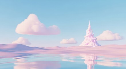 Fantasy Pink Ice Castle Tower Amid Cloudy Sky Over Calm Water