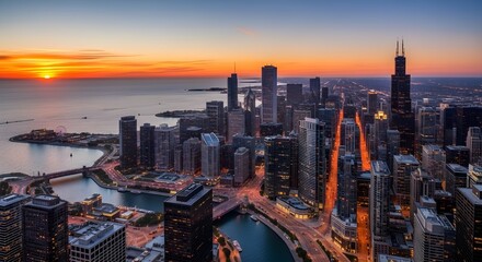 Chicago, Illinois, USA Aerial Cityscape at Dusk  and sunset 