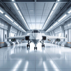 the photograph captures a sleek, futuristic aircraft in a well lit, pristine hangar. the vehicle is positioned centrally, its nose facing forward with wings extending out on either side
