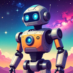 the image showcases an animated humanoid robot against a vibrant, colorful sky