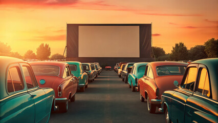 American drive-in with cars lined up in rows concept. Classic cars parked at a vibrant outdoor movie theater during sunset.
