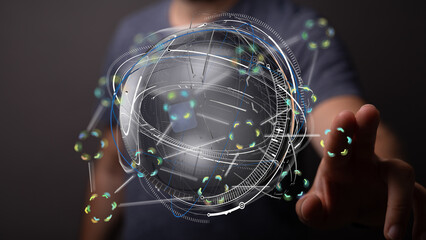 Person interacting with a futuristic digital globe, representing global network, technology, and innovation.