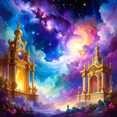 the image displays a celestial landscape featuring ornate, golden structures resembling pavilions. these pavilions are adorned with domes and columns, with glowing interiors