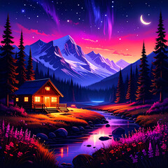 the image showcases a vibrant landscape at night, dominated by a charming cabin on the edge of a flowing stream. tall evergreens surround the dwelling, adding to the scene's natural beauty
