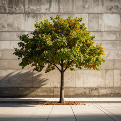 a small tree is centrally framed against a concrete wall. the tree has a rounded canopy of green and gold leaves with a dark trunk