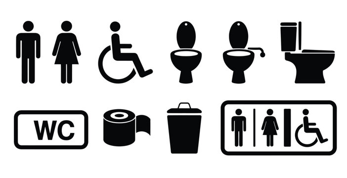 Vector art of a collection of restroom and accessibility icons in black and white, isolated on white background, representing public facilities, gender identification, and accessibility for all indivi