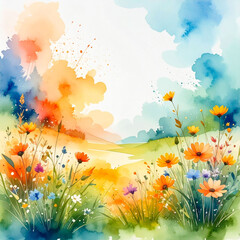 this watercolor art depicts a colorful meadow filled with wildflowers. the meadow includes hues of orange, yellow, purple, and blue scattered among the greenery