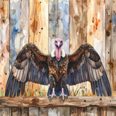 this illustration showcases a large bird standing with its wings spread against a backdrop of painted wooden planks