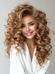 Hair care and hair styling Smiling woman with blonde curly hair Happy woman with beautiful curly hair.