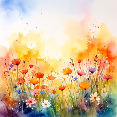 the image depicts a watercolor painting of a vibrant flower field. the flowers, ranging in color from white and blue to orange and red, are interspersed with thin, green stems and leaves