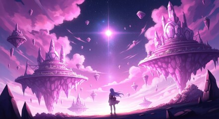 Fantasy Girl Standing Amid Floating Islands and Bright Star in Mystical Sky