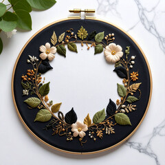 on a white surface with marble patterns is a round crafting frame. the dark textile stretched within the frame features a decorative floral pattern, seemingly stitched or applied to the fabric
