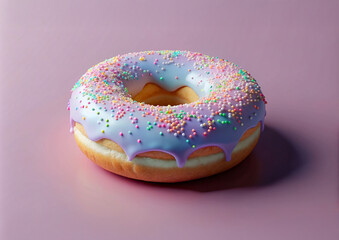 Bright donut with glossy purple icing and vibrant sprinkles on a pink background. Playful dessert image ideal for food photography, design, and culinary stock content.