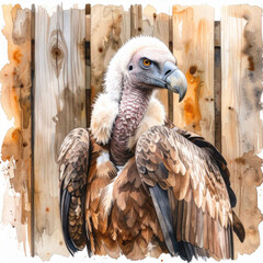 this artwork features a large bird of prey, with feathers of brown, black, and white. it has a bare neck and a white feathery head, with a large, curved beak